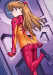  1girl artist_name ass blue_eyes blush brown_hair dutch_angle from_behind from_below highres interface_headset long_hair looking_at_viewer neon_genesis_evangelion plugsuit shinsaku_(stan-art) solo souryuu_asuka_langley standing standing_on_one_leg test_plugsuit tight two_side_up 