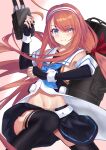  1girl abs belt belt_buckle black_legwear blue_eyes buckle gloves hair_ribbon hairband kantai_collection kawakaze_(kancolle) kneehighs long_hair looking_at_viewer miniskirt navel partially_fingerless_gloves red_hair ribbon skirt sleeveless smokestack yagami_(20468159) 