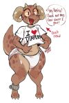  ambiguous_gender anthro claws clothing cuff_(restraint) dialogue diaper digitigrade eyelashes happy hodgepodgedl horn kobold low_res navel open_mouth restraints shackles shirt smile solo speech_bubble standing t-shirt topwear wide_hips 