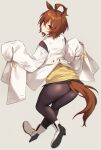  1girl agnes_tachyon_(umamusume) ahoge animal_ears ass ass_focus black_legwear brown_hair coat from_behind hair_between_eyes highres holding holding_clothes holding_coat horse_ears horse_girl horse_tail iriehana labcoat looking_at_viewer looking_back pantyhose red_eyes school_uniform sideways_glance simple_background solo tail umamusume white_background 