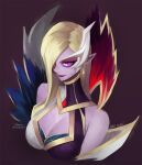  1girl artist_name bangs bare_shoulders black_dress blonde_hair breasts cleavage closed_mouth coven_morgana cropped_torso dress fur_trim hair_ornament hair_over_one_eye large_breasts league_of_legends long_hair looking_at_viewer morgana_(league_of_legends) pink_eyes pointy_ears red_background sleeveless sleeveless_dress smile solo vmat white_dress 