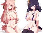  2girls absurdres animal_ears bangs bare_shoulders bed_sheet bell bikini blush braid braided_ponytail breasts cleavage closed_mouth collar collarbone earrings fang floppy_ears fox_ears genshin_impact hair_between_eyes hair_ornament hands_up highres jewelry jingle_bell large_breasts lifted_by_self long_hair looking_at_viewer low-tied_long_hair micro_bikini mole mole_under_eye multiple_girls navel neck_bell pink_hair purple_eyes purple_hair raiden_shogun red_bikini red_collar sitting skindentation stomach strap_lift swimsuit very_long_hair w.k yae_miko 