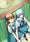  2girls against_wall ankle_grab ayanami_rei blue_hair brown_hair earbuds earphones hair_between_eyes highres indian_style looking_at_viewer mary_janes multiple_girls neon_genesis_evangelion red_eyes rororo shared_earphones shirt shoes short_hair sitting skirt souryuu_asuka_langley suspender_skirt suspenders watch white_shirt wristwatch 