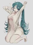  1girl :o absurdres aqua_hair arms_up bangs barefoot blue_eyes blush bottomless breasts commentary_request dress_shirt full_body grey_background hatsune_miku highres long_hair long_sleeves medium_breasts messy_hair naked_shirt one_eye_closed parted_lips shirt simple_background sitting solo stretch tachibana_wataru_(123tsuki) twintails vocaloid white_shirt yawning 