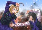  2girls action andou_(girls_und_panzer) arm_up bangs bc_freedom_school_uniform black_dress black_hair blonde_hair blood blood_on_clothes blood_on_face blue_eyes blue_jumpsuit blue_neckwear blue_sky body_armor brown_eyes cardigan commentary dark-skinned_female dark_skin day diagonal-striped_neckwear diagonal_stripes dress dress_shirt explosion fighting frown girls_und_panzer highres holding holding_knife holding_weapon jumpsuit knife long_sleeves looking_at_another medium_hair messy_hair multiple_girls necktie open_mouth oshida_(girls_und_panzer) outdoors pinafore_dress reverse_grip school_uniform shirt sky standing striped sweater_around_neck tigern_(tigern28502735) weapon white_shirt wing_collar 