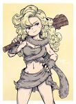  1girl ayla_(chrono_trigger) blonde_hair blue_eyes breasts caveman chrono_trigger cleavage closed_mouth club_(weapon) curly_hair long_hair looking_at_viewer navel smile solo weapon 