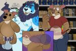  absurd_res ambiguous_gender anthro asian_mythology balls bodily_fluids canid canine canis clothed clothing cum cum_inflation domestic_dog duo east_asian_mythology erection felid foo_dog genital_fluids genitals hi_res inflation lion mammal mythology nipples nude pantherine penetration penis pit_bull plushie plushophilia public_humiliation simple_background sstinkies 