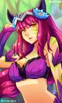  1girl ahri_(league_of_legends) artist_name bangs bare_shoulders blue_flower braid breasts collarbone elderwood_ahri facial_mark flower green_background hair_flower hair_ornament hand_up horns large_breasts league_of_legends long_hair official_alternate_costume open_mouth orange_eyes pink_hair shiny shiny_hair solo upper_body vastaya vmat whisker_markings 