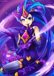  1girl 2019 artist_name bangs black_gloves blue_eyes elbow_gloves gem gloves green_hair hair_ornament heterochromia index_finger_raised league_of_legends looking_at_viewer magic multicolored_hair official_alternate_costume pink_background pink_eyes pointy_ears purple_hair purple_lips single_leg_pantyhose single_thighhigh smile star-shaped_pupils star_(symbol) star_guardian_(league_of_legends) star_guardian_zoe stuffed_toy symbol-shaped_pupils thighhighs vmat zoe_(league_of_legends) 