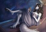  2022 4_toes 5_fingers anthro areola black_hair breasts canid canine canis digital_media_(artwork) digitigrade eyebrows eyelashes feet female fingers fur hair hi_res mammal nipples nude pawpads red_eyes smile solo space toes white_body white_fur wolf zumjakal 