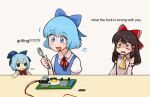  2girls ascot blue_dress blue_eyes blue_hair bow brown_eyes brown_hair character_doll circuit_board cirno collar cooking detached_sleeves dirty dirty_face dress english_commentary english_text fork fried_egg fumo_(doll) hair_bow hair_tubes hakurei_reimu highres holding holding_fork japanese_clothes looking_down miko multiple_girls music musical_note nontraditional_miko nvi2762 profanity puffy_short_sleeves puffy_sleeves red_neckwear short_hair short_sleeves sidelocks simple_background singing speech_bubble surprised table touhou upper_body white_background white_collar wire yellow_ascot 