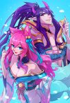  1boy 1girl abs ahri_(league_of_legends) animal_ear_fluff animal_ears bangs bare_shoulders bell blue_eyes breasts cleavage demon_boy facial_mark fox_ears fox_tail grin hair_bell hair_ornament hand_up horns large_breasts league_of_legends long_hair long_sleeves looking_at_viewer navel pink_hair pointy_ears shiny shiny_hair smile spirit_blossom_(league_of_legends) spirit_blossom_ahri spirit_blossom_thresh tail teeth thresh_(league_of_legends) vmat whisker_markings 