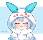  1girl :d ^_^ animal_hood blue_hair blush_stickers bunny_hood chibi closed_eyes commentary english_commentary eyebrows_visible_through_hair hololive hood kukie-nyan open_mouth smile solo upper_body virtual_youtuber yukihana_lamy 