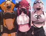  3girls bikini bikini_under_clothes black_gloves black_hoodie black_shorts blonde_hair breasts brown_eyes collarbone crop_top cropped_shirt dark-skinned_female dark_skin dodon_gadon double_v elbow_gloves eyebrows_visible_through_hair fingerless_gloves gloves green_eyes grey_hair heterochromia highres hololive hood hoodie houshou_marine jewelry large_breasts long_hair looking_at_viewer mask multicolored_hair multiple_girls navel necklace red_bikini red_eyes red_hair shiranui_flare shirogane_noel shirt short_hair short_shorts shorts streaked_hair swimsuit twintails v virtual_youtuber white_hair white_shirt yellow_eyes zipper zipper_pull_tab zipper_shorts 