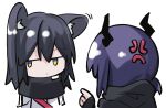  2girls anger_vein animal_ear_fluff animal_ears arknights black_capelet black_hair blue_hair capelet ch&#039;en_(arknights) chibi chinese_commentary closed_mouth commentary_request dragon_horns ear_twitch eyebrows_visible_through_hair hibioes highres horns jacket long_hair multiple_girls pointing texas_(arknights) white_jacket wolf_ears yellow_eyes 