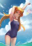 1girl arm_behind_head arm_up armpits blue_sky blue_swimsuit breasts c_(theta) closed_mouth cloud commentary_request covered_navel day highres idolmaster idolmaster_million_live! long_hair looking_at_viewer ocean oogami_tamaki orange_hair signature sky small_breasts solo sunlight swimsuit thighs water yellow_eyes 