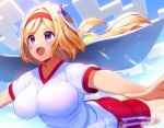  1girl :d aki_rosenthal blonde_hair blue_sky blush breasts cloud cloudy_sky day detached_hair gym_shirt gym_shorts gym_uniform hairband headgear highres hololive long_hair low_twintails medium_breasts mikomiko_(mikomikosu) minecraft outdoors purple_eyes red_hairband red_shorts shirt short_shorts short_sleeves shorts sky smile solo twintails very_long_hair white_shirt 