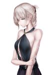  1girl absurdres an-94_(girls&#039;_frontline) an-94_(silent_rouge)_(girls&#039;_frontline) aqua_eyes bangs bare_shoulders black_dress blonde_hair breasts closed_mouth collarbone crossed_arms dress earrings eyebrows_visible_through_hair girls&#039;_frontline hair_between_eyes hair_ornament highres jewelry lips long_hair looking_to_the_side nose official_alternate_costume small_breasts solo standing white_background xuanren69 