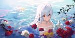  1girl :o ahoge arknights bangs collarbone eyebrows_visible_through_hair flower hair_between_eyes highres long_hair looking_at_viewer nude outdoors partially_submerged red_eyes red_flower red_rose rose silver_hair skadi_(arknights) solo starblue upper_body very_long_hair water white_flower white_rose 