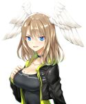  1girl :d bangs black_choker black_jacket black_shirt blue_eyes blush breasts brown_hair choker cleavage collarbone commentary_request eunie_(xenoblade) eyebrows_visible_through_hair feathered_wings gradient_hair green_hair hair_between_eyes hand_up head_wings highres jacket long_hair looking_at_viewer medium_breasts multicolored_hair open_clothes open_jacket parted_bangs shirt simple_background smile solo upper_body watarui white_background white_wings wings xenoblade_chronicles_(series) xenoblade_chronicles_3 