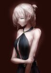  1girl absurdres an-94_(girls&#039;_frontline) an-94_(silent_rouge)_(girls&#039;_frontline) aqua_eyes bangs bare_shoulders black_dress blonde_hair breasts closed_mouth collarbone crossed_arms dress earrings eyebrows_visible_through_hair girls&#039;_frontline hair_between_eyes hair_ornament highres jewelry lips long_hair looking_to_the_side nose official_alternate_costume red_background small_breasts solo standing xuanren69 