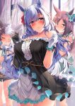  3girls animal_ears bangs bare_shoulders blue_hair blush breasts brown_hair collarbone dress highres horse_ears horse_girl horse_tail kawai large_breasts looking_at_viewer mejiro_ardan_(umamusume) mejiro_dober_(umamusume) mejiro_ryan_(umamusume) multiple_girls purple_eyes smile tail thighs umamusume 