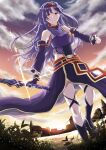  1girl anemonaris armor breastplate cloud cloudy_sky commentary_request detached_sleeves fingerless_gloves gloves highres holding long_hair looking_at_viewer outdoors pointy_ears purple_hair red_eyes rising_sun scenery sky solo sunburst sunrise sword_art_online yuuki_(sao) 