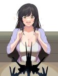  1girl a1 bangs black_hair blush breasts cleavage commentary_request copyright_request eyebrows_visible_through_hair happy highres large_breasts open_mouth parted_bangs shirt simple_background sitting solo teeth white_background white_shirt yellow_eyes 