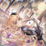  1girl arknights black_gloves blonde_hair blush breasts bug butterfly closed_fan dress dutch_angle elbow_gloves folding_fan from_side gloves hair_ornament hand_fan highres holding holding_fan indigo_(arknights) indigo_(serene_day)_(arknights) lantern long_hair long_sleeves looking_at_viewer looking_to_the_side lying medium_breasts minini97372 official_alternate_costume on_back one_side_up parted_lips purple_dress purple_eyes smile solo very_long_hair 