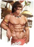  1boy abs absurdres anjingkuxiao armband artist_name bara bare_pectorals beard facial_hair flower highres large_pectorals looking_at_viewer mature_male muscular muscular_male navel nipples original pectoral_cleavage pectorals 