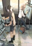  2boys albedo_(genshin_impact) bag blonde_hair canvas_(object) commentary english_commentary genshin_impact highres indoors looking_away male_focus multiple_boys nocetus painting painting_(object) picture_(object) scaramouche_(genshin_impact) school_bag shirt short_hair shorts sitting 