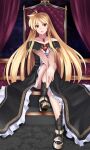  1girl alternate_costume armored_shoes bare_shoulders blonde_hair dress fate_testarossa gold_trim hand_on_own_leg head_tilt highres jewelry long_hair looking_at_viewer lyrical_nanoha mahou_shoujo_lyrical_nanoha necklace open_mouth red_eyes solo sougetsu_izuki strapless strapless_dress throne very_long_hair 