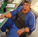  1boy bara black_eyes black_hair closed_mouth commentary_request facial_hair glasses goatee gym_teacher gym_uniform highres large_pectorals looking_at_viewer male_focus mature_male muscular muscular_male original pectorals sakuramarusan short_hair smile solo watch wristwatch 