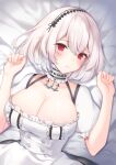  1girl absurdres anchor_choker azur_lane bangs bed_sheet black_dress blush breasts chan&#039;nu choker cleavage closed_mouth collarbone commentary dress eyebrows_visible_through_hair frilled_choker frilled_dress frills hair_between_eyes hands_up highres lace-trimmed_hairband lace_trim large_breasts light_frown looking_at_viewer lying on_back puffy_short_sleeves puffy_sleeves red_eyes short_hair short_sleeves sirius_(azur_lane) solo two-tone_dress upper_body white_dress white_hair 