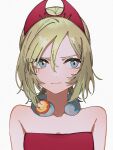  1girl blonde_hair expressionless hair_between_eyes hairband irida_(pokemon) iwawa looking_away off_shoulder pokemon pokemon_(game) pokemon_legends:_arceus red_shirt shirt simple_background solo strapless strapless_shirt upper_body white_background 