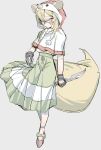  1girl absurdres animal_ears animal_hood bangs blonde_hair braid capelet closed_mouth commentary fake_animal_ears fingerless_gloves fox_tail full_body gloves green_skirt hair_between_eyes high-waist_skirt highres holding holding_knife hololive hood kakult2017 knife looking_at_viewer multicolored_hair omaru_polka pink_eyes pink_hair shoes simple_background skirt solo streaked_hair symbol-only_commentary tail virtual_youtuber white_capelet 