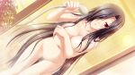  1girl black_hair blush breasts cleavage collarbone completely_nude covering covering_breasts game_cg hair_intakes hair_over_one_eye hatozuki_tsumiki holding kashiwagi_narumi large_breasts long_hair looking_at_viewer navel no_pussy nude red_eyes shiny shiny_hair showering solo soukoku_no_arterial standing straight_hair thigh_gap triangle_mouth very_long_hair wet wet_hair 