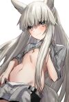  animal_ear_fluff animal_ears arknights blush closed_mouth clothes_pull grey_shirt grey_shorts head_tilt highres horse_ears horse_girl horse_tail long_hair midriff navel platinum_(arknights) platinum_blonde_hair raw_egg_lent shirt shirt_pull short_shorts shorts shorts_pull simple_background smile striped striped_shirt tail very_long_hair white_background yellow_eyes 