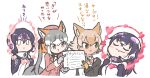  4girls african_penguin_(kemono_friends) animal_ears bare_shoulders beret black_hair black_jacket black_shirt bow bowtie choker closed_eyes collared_shirt coyote_(kemono_friends) coyote_ears coyote_girl elbow_gloves extra_ears fox_ears fox_girl fox_tail gloves green_eyes grey_hair hat headphones heart_ring high_collar humboldt_penguin_(kemono_friends) island_fox_(kemono_friends) jacket kemono_friends kotobuki_(tiny_life) microphone multicolored_hair multiple_girls necktie official_alternate_costume orange_hair orange_jacket penguin_girl pink_headwear shirt short_hair sleeveless spaghetti_strap tail translation_request twintails virtual_youtuber white_bow white_bowtie white_choker white_hair white_necktie white_shirt yellow_eyes yellow_gloves 