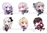  6+girls :d :o absurdres ahoge bangs black_bow black_footwear black_jacket black_ribbon black_skirt blunt_bangs blush_stickers bow braid brown_hair brown_skirt character_doll chibi danganronpa:_trigger_happy_havoc danganronpa_(series) danganronpa_2:_goodbye_despair danganronpa_v3:_killing_harmony dress dudeoji_(dotheg_ansoni) eyebrows_visible_through_hair galaga glasses green_dress grey_skirt hair_bow hair_ornament hair_ribbon harukawa_maki highres hinata_hajime jacket kirigiri_kyouko kneehighs kuzuryuu_fuyuhiko long_hair long_sleeves mole mole_under_eye momota_kaito multiple_girls naegi_makoto nanami_chiaki open_clothes open_jacket open_mouth pantyhose pekoyama_peko pink_eyes pink_vest pleated_skirt pout puffy_short_sleeves puffy_sleeves purple_legwear red_eyes red_footwear red_shirt ribbon saihara_shuuichi shirt short_sleeves skirt smile sonia_nevermind tanaka_gandamu teeth thighhighs twin_braids upper_teeth vest wavy_mouth white_ribbon white_shirt wite_shirt 