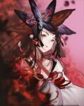  1girl bangs black_hair chuanxianbei closed_mouth commentary_request flower hair_flower hair_ornament higanbana_(onmyoji) highres holding japanese_clothes kimono long_hair long_sleeves onmyoji onmyouji red_eyes solo spider_lily very_long_hair wide_sleeves 