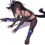  1girl animal_ears black_hair black_legwear black_sports_bra breasts brown_eyes brown_thoroughbred_(kemono_friends) cleavage dark-skinned_female dark_skin elbow_gloves feet fingerless_gloves flexible gloves horse_ears horse_girl horse_tail kemono_friends leaning_forward leggings legs legs_apart long_hair looking_at_viewer navel no_shoes ponytail see-through simple_background sitting smile solo special_cat sports_bra spread_legs stretch tail thighs toes white_background wristband 