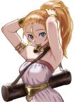  1girl blonde_hair blue_eyes breasts choker chrono_trigger highres jewelry long_hair looking_at_viewer marle_(chrono_trigger) peiroke ponytail simple_background smile solo tying_hair white_background 