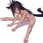  1girl animal_ears barefoot black_hair breasts brown_eyes brown_thoroughbred_(kemono_friends) censored dark-skinned_female dark_skin feet flexible groin horse_ears horse_girl horse_tail kemono_friends leaning_forward legs legs_apart long_hair looking_at_viewer mosaic_censoring navel nipples nude ponytail pussy simple_background sitting smile solo special_cat spread_legs stretch tail thighs toes white_background 