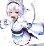  1girl :3 animal_ears blue_eyes blush boned_meat detached_sleeves flat_chest food food_in_mouth fur_collar hairband huei_nazuki kohaku_nene la_peche_party leopard_ears leopard_girl leopard_tail long_sleeves looking_at_viewer meat short_hair silver_hair solo tail virtual_youtuber white_background 