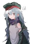  1girl artist_name bangs blush brown_eyes character_name eyebrows_visible_through_hair g11_(girls&#039;_frontline) girls&#039;_frontline green_jacket grey_eyes grey_hair hair_between_eyes hat highres jacket long_hair looking_at_viewer open_mouth shirt signature silver_hair simple_background sleeveless sleeveless_shirt solo tosyeo upper_body white_background 