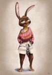  2022 anthro brown_body brown_fur buckteeth clothed clothing digital_media_(artwork) female fully_clothed fur green_eyes head_tuft hi_res inner_ear_fluff lagomorph leporid light lighting mammal midriff open_mouth open_smile pink_nose rabbit s1m shaded signature simple_background smile solo standing teeth tuft 