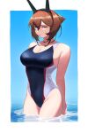 1girl arms_behind_back breasts brown_eyes brown_hair cleavage closed_mouth commission competition_swimsuit hair_between_eyes headgear highres kantai_collection large_breasts looking_at_viewer mutsu_(kancolle) one-piece_swimsuit outside_border partially_submerged short_hair skeb_commission solo swimsuit wet wet_hair yue_(tada_no_saboten) 