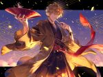  1boy armlet bangle bangs bikkusama blonde_hair bracelet closed_fan cup earrings fate/grand_order fate_(series) folding_fan gilgamesh_(caster)_(fate) gilgamesh_(fate) gilgamesh_(formal_dress)_(fate) hand_fan heroic_spirit_formal_dress highres holding holding_cup holding_fan japanese_clothes jewelry kimono looking_at_viewer official_alternate_costume paper paper_fan red_eyes sakazuki sky smile type-moon 