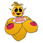  2022 animatronic anthro areola avian beakless bib big_breasts bird blush blush_stickers breasts chicken digital_media_(artwork) english_text female five_nights_at_freddy&#039;s five_nights_at_freddy&#039;s_2 galliform gallus_(genus) huge_breasts looking_at_viewer machine nipples non-mammal_breasts open_mouth phasianid pink_nipples robot scottgames solo text toy_chica_(fnaf) video_games yeehawt0wn yellow_body 